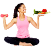 Woman holding plate of fruit and veg in one hand and a weight in the other hand