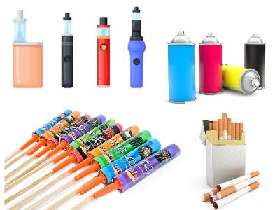 Image of e-cigarettes, spray cans, fireworks and cigarettes 